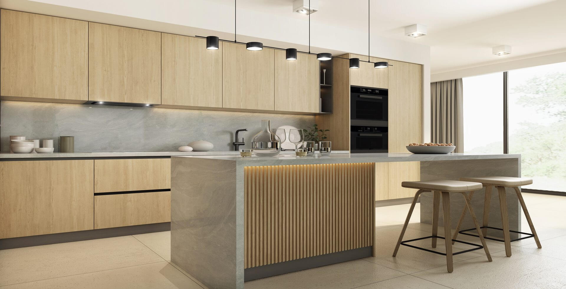Modern kitchen with wooden cabinets and island.