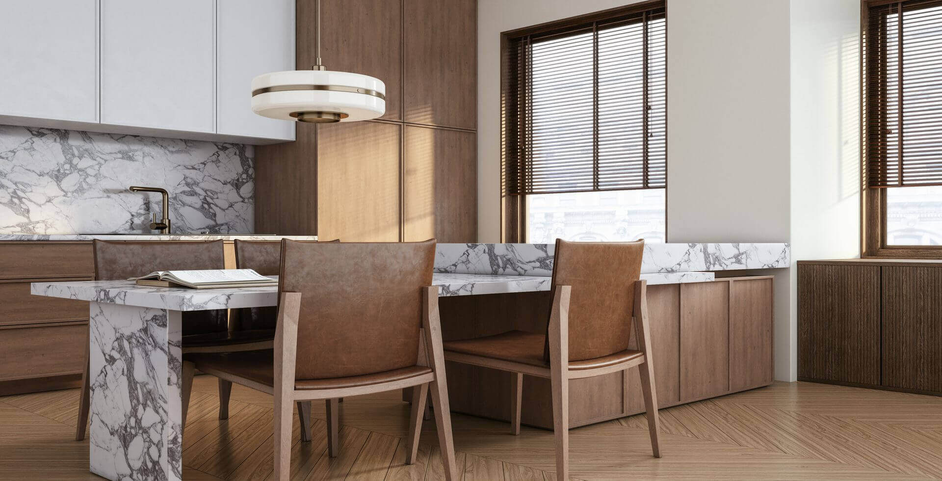 Modern kitchen with marble and wood accents.