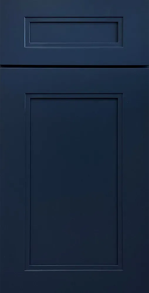 A dark blue door with a recessed panel design.