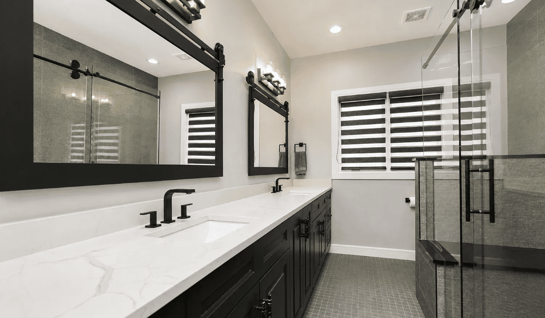 Modern black and white bathroom with double vanity